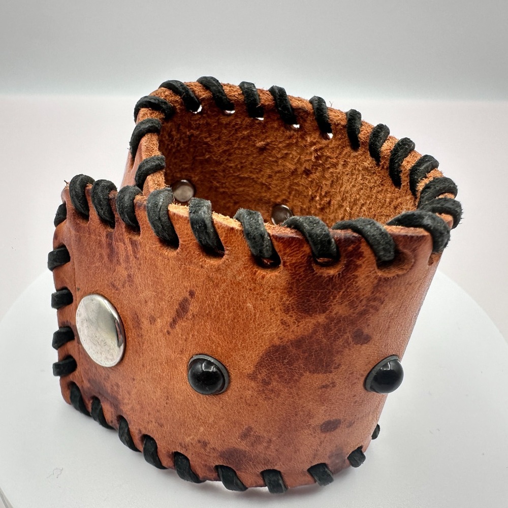 90s Vintage Brown Leather Beaded Hand Bracelet Boho Y2K Fashion Jewelry
